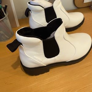 White Vegan leather platform low boots, water resistant and stain resistant.